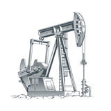 Oil derrick or a pump jack isolated on a white background. Oil extracting industrial equipment. Engraving retro style vector illustration