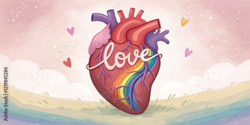 Rainbow Heart Love Anatomical Illustration, Pastel Colors, Love Concept, LGBTQ+ Pride LGBTQ+, Pride