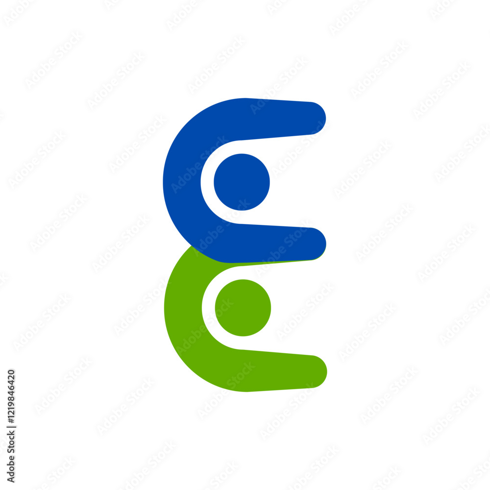 Vector logo is a person showing his head and hands. 2 people in the shape of the letter E. Flat color. Vector logo is a person showing his head and hands. 2 people in the shape of the letter E. Flat color.