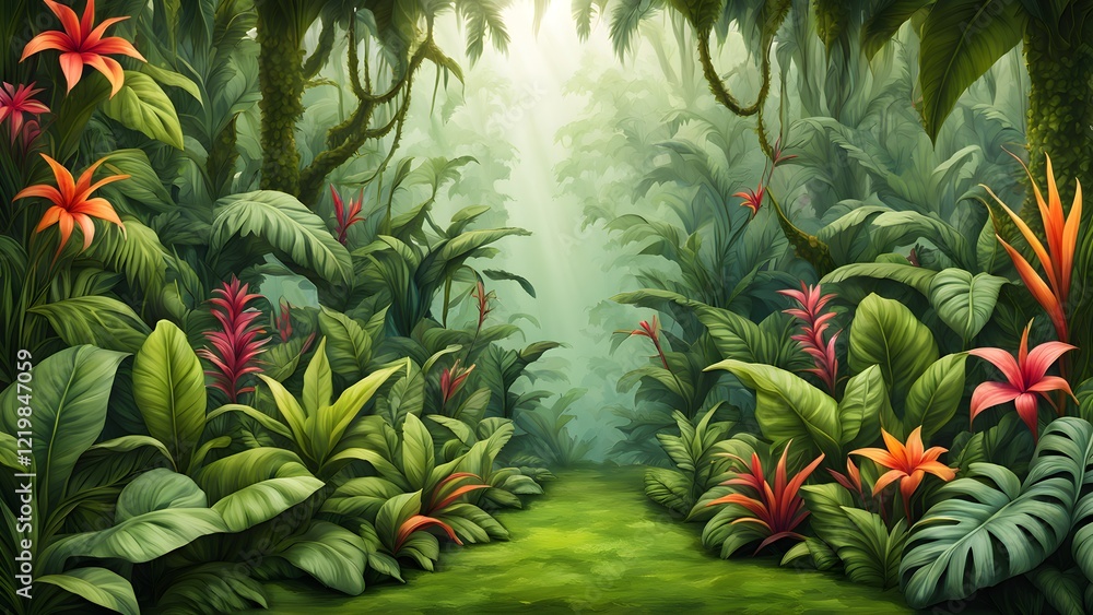 Lush, vibrant digital painting of a tropical jungle path, featuring bright red and orange flowers amidst dense green foliage, bathed in a soft, sunlit mist. Lush, vibrant digital painting of a tropical jungle path, featuring bright red and orange flowers amidst dense green foliage, bathed in a soft, sunlit mist.