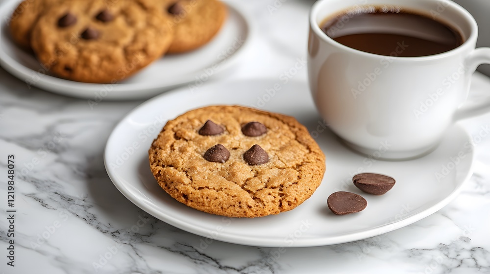 Delicious chocolate chip cookie paired with a steaming cup of coffee on a marble table. Delicious chocolate chip cookie paired with a steaming cup of coffee on a marble table.