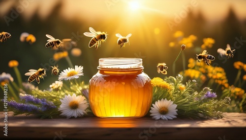 Generated image A cozy scene featuring a honey jar with bees hovering around it, surrounded by fresh wildflowers