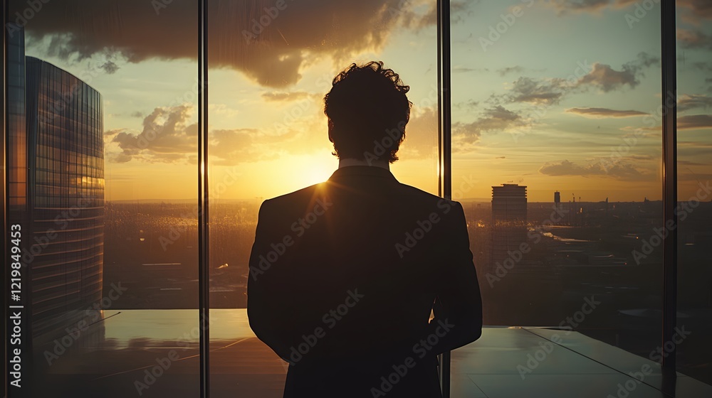 Silhouette of a man in a suit at sunset, looking out over the city skyline. Silhouette of a man in a suit at sunset, looking out over the city skyline.