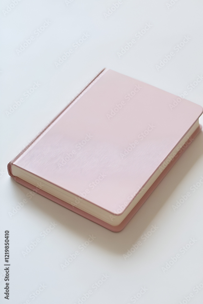 Fototapeta premium A closed pink notebook rests on a white surface. Simple, elegant, and ready for your notes or ideas.