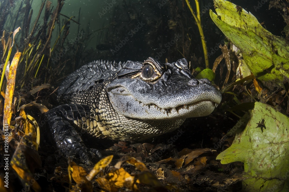 Obraz premium A Chinese alligator resting in shallow waters of a marshland in the Yangtze River basin, its armored scales gleaming.