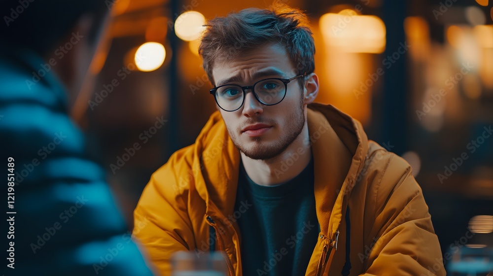Young Caucasian man in yellow jacket engaging in conversation in a cozy caf��. Young Caucasian man in yellow jacket engaging in conversation in a cozy caf��.