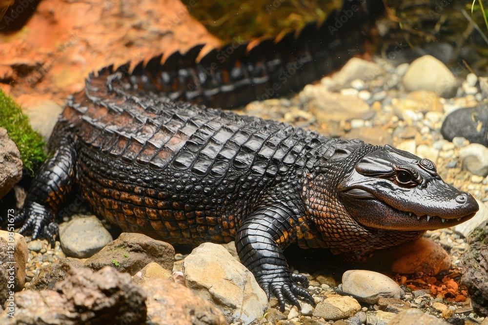 A Chinese alligator resting in shallow waters of a marshland in the Yangtze River basin, its armored scales gleaming. A Chinese alligator resting in shallow waters of a marshland in the Yangtze River basin, its armored scales gleaming.