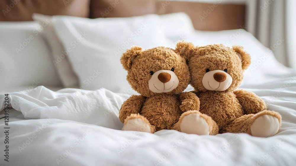 Two adorable teddy bears sitting on a soft bed with white linens. Two adorable teddy bears sitting on a soft bed with white linens.