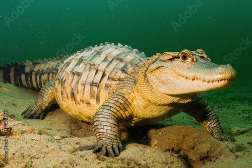 Wallpaper Mural A Chinese alligator resting in shallow waters of a marshland in the Yangtze River basin, its armored scales gleaming. Torontodigital.ca