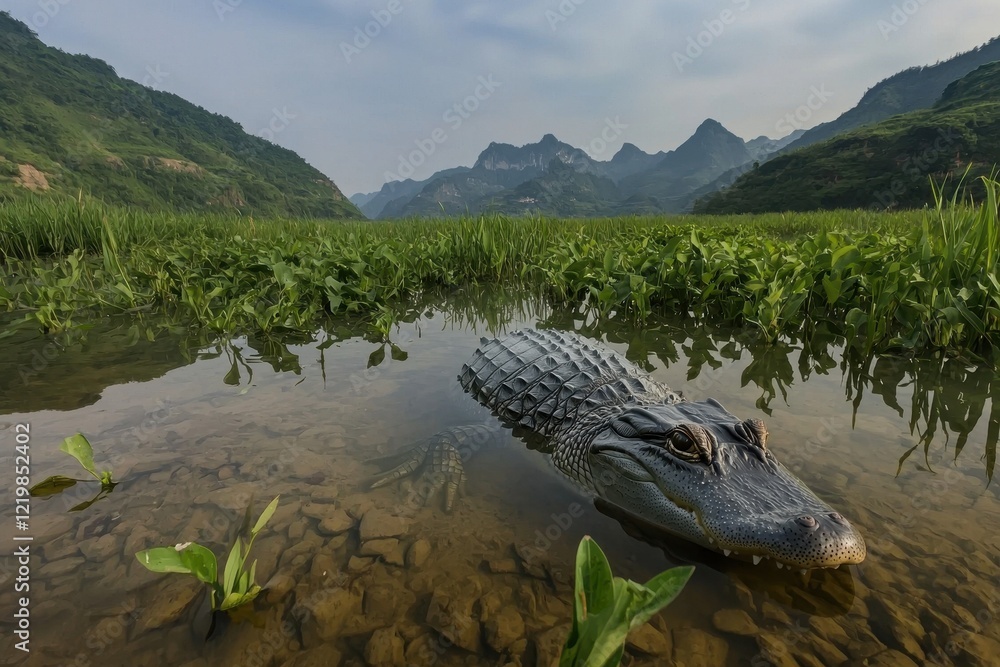 Fototapeta premium A Chinese alligator resting in shallow waters of a marshland in the Yangtze River basin, its armored scales gleaming.