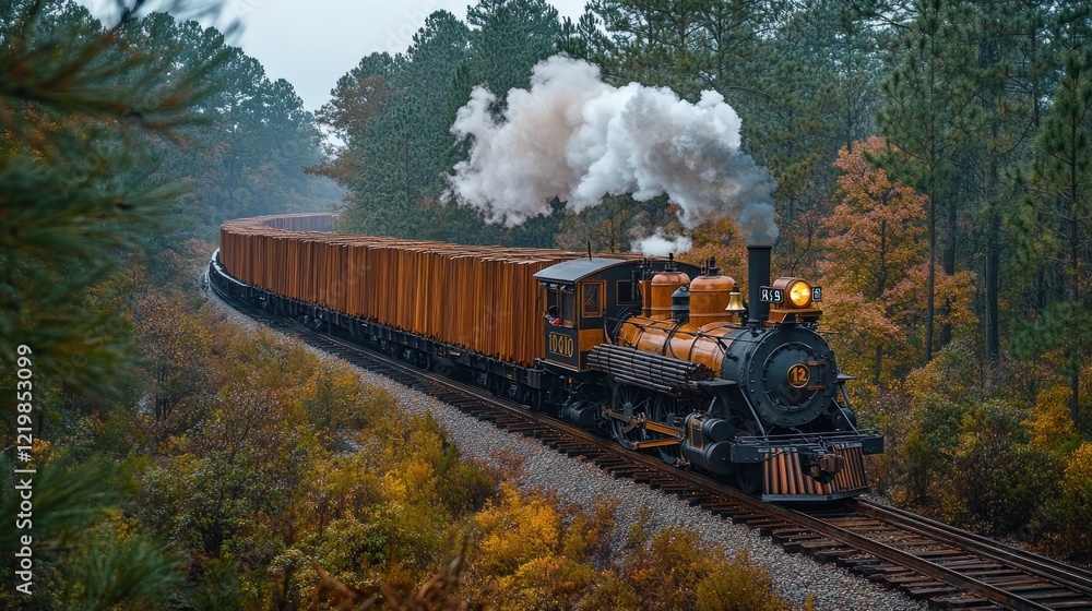 Obraz premium Steam locomotive pulling long lumber train through forest.