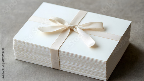 Stack of blank cards tied with a beige ribbon, perfect for invitations or thank you notes. Elegant and simple design.