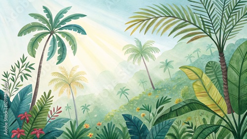 Watercolor Tropical Paradise Sunlit Palm Trees and Lush Foliage,Digital Painting, Nature,Jungle Tropical landscape, Watercolor painting