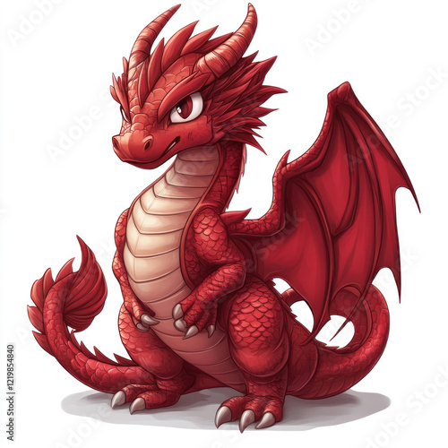 red cartoon dragon with expressive eyes and a playful character. It has powerful wings, a horned head and a tail with a pointed end.   photo