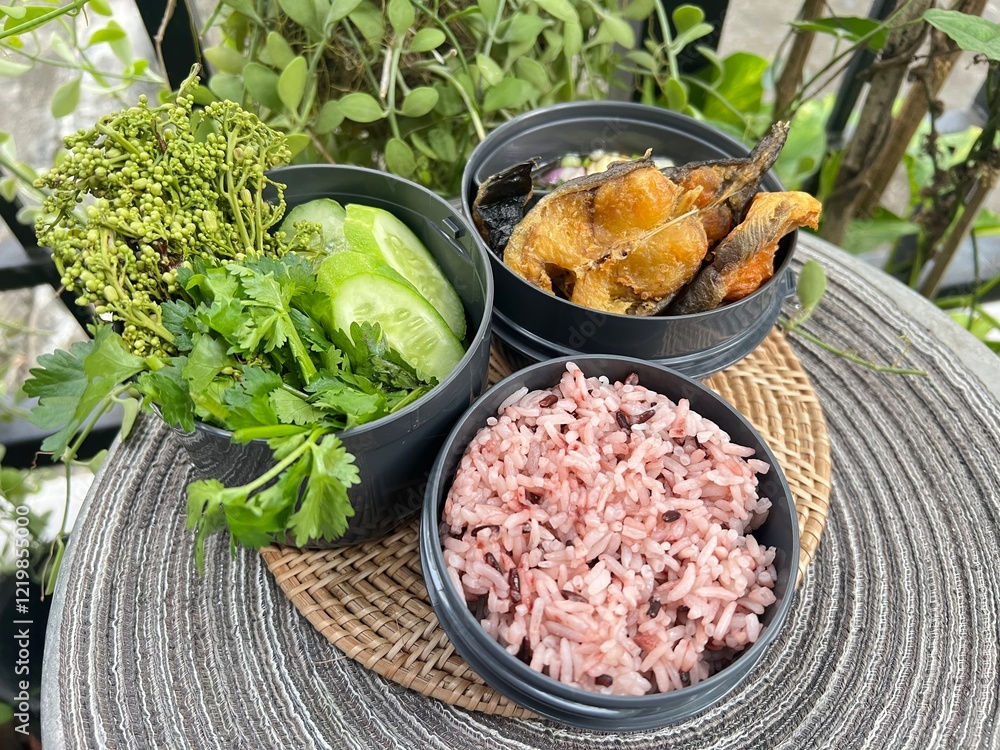 Fish fried with fish sauce and vegetables and brown rice Fish fried with fish sauce and vegetables and brown rice