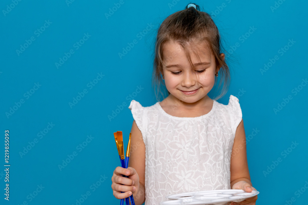 Little cute child girl with a brush and a colorful palette of paints in her hands on blue background. Happy childhood. Creativity concept. Copy space Little cute child girl with a brush and a colorful palette of paints in her hands on blue background. Happy childhood. Creativity concept. Copy space