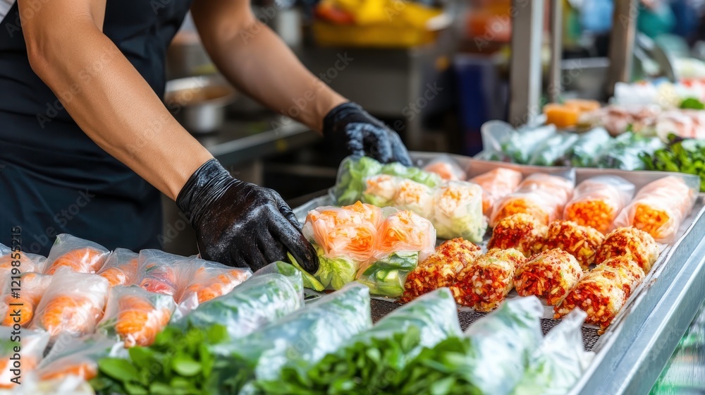 Obraz premium Fresh Spring Rolls at a Vibrant Food Market
