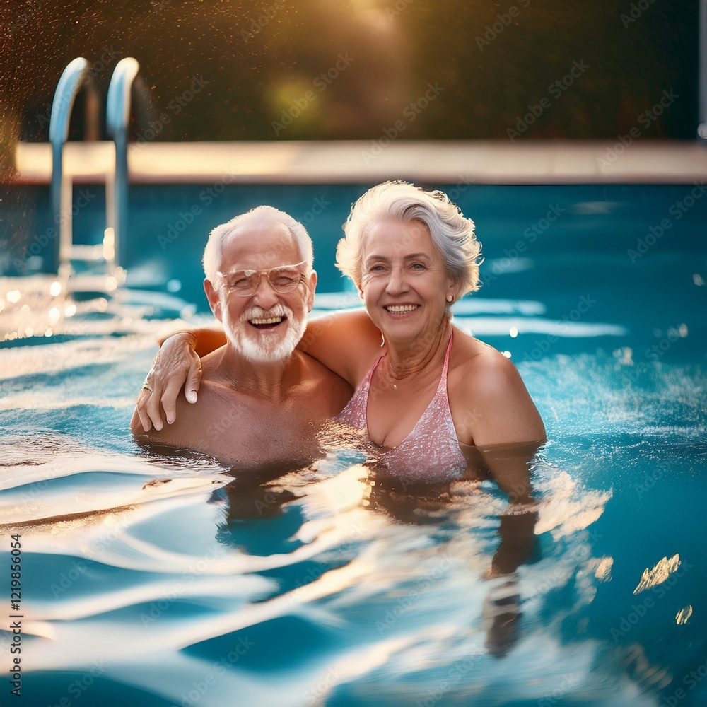Fototapeta premium Generated image two seniors at the pool hugged together and playing - happy mature people and couple