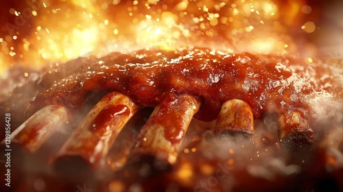 Fiery BBQ Ribs Close-up Mac...