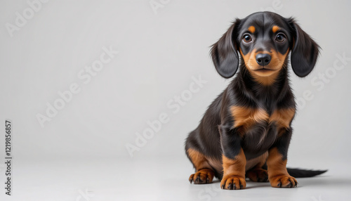 A super realistic full-body image of a happy dachshund puppy sitting down, isolated on a clean background, sleek fur, floppy ears, long body, short legs, portrait, looking at camera, adorable, cute