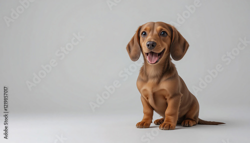 A super realistic full-body image of a happy dachshund puppy sitting down, isolated on a clean background, sleek fur, floppy ears, long body, short legs, portrait, looking at camera, adorable, cute