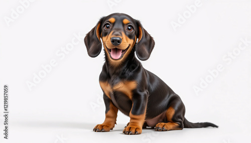 A super realistic full-body image of a happy dachshund puppy sitting down, isolated on a clean background, sleek fur, floppy ears, long body, short legs, portrait, looking at camera, adorable, cute