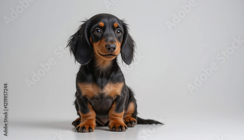 A super realistic full-body image of a happy dachshund puppy sitting down, isolated on a clean background, sleek fur, floppy ears, long body, short legs, portrait, looking at camera, adorable, cute