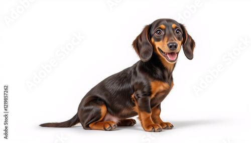 A super realistic full-body image of a happy dachshund puppy sitting down, isolated on a clean background, sleek fur, floppy ears, long body, short legs, portrait, looking at camera, adorable, cute