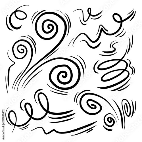 Doodle wind line sketch set. Hand drawn doodle wind movement, air blowing, vortex elements. Sketch of air blowing movement, abstract lines. Isolated vector illustration.