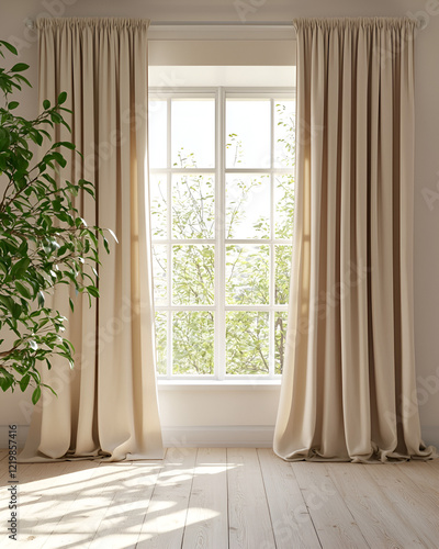 Sunlight streams through beige curtains onto light wood floors, illuminating a leafy plant beside a bright window.