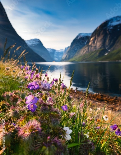 Generated image A close-up of wildflowers growing near a fjord, with blurred mountains in the background
