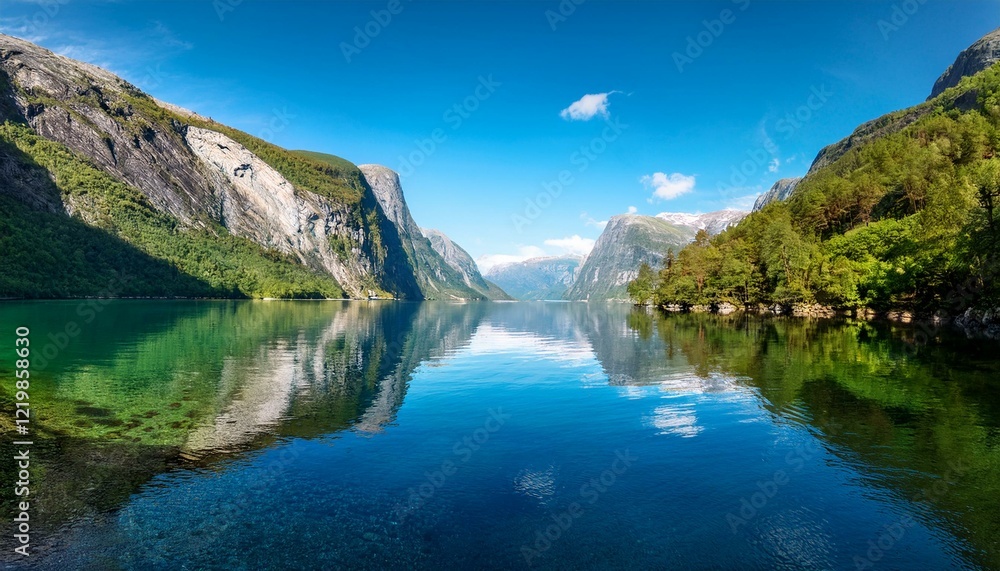 Fototapeta premium Generated image Crystal-clear fjord waters reflecting towering cliffs and evergreen trees under a bright blue sky