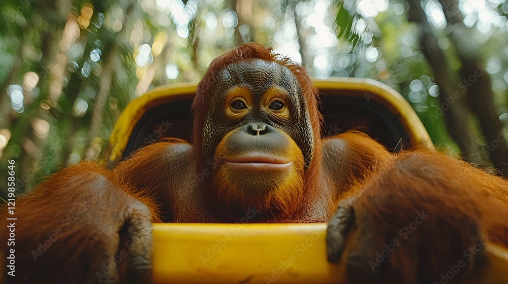 Fototapeta premium Orangutan relaxing in yellow container, jungle background, conservation