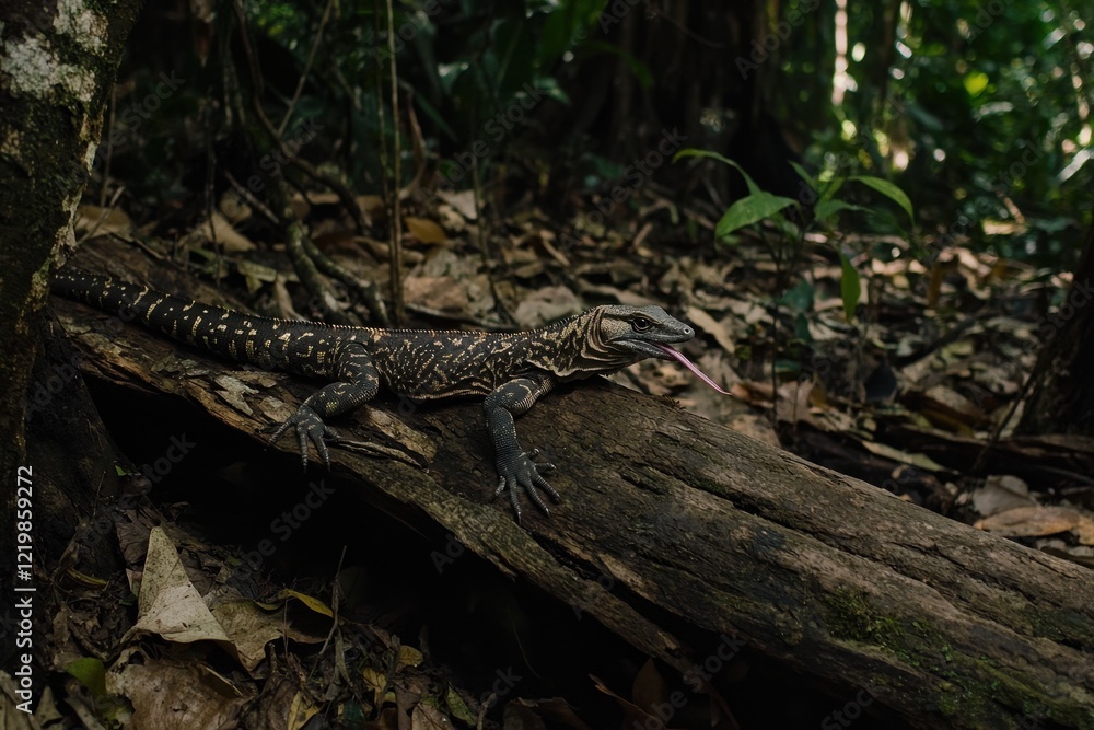 A clouded monitor lizard exploring a fallen tree trunk in the jungles of Borneo, its forked tongue flicking in curiosity A clouded monitor lizard exploring a fallen tree trunk in the jungles of Borneo, its forked tongue flicking in curiosity