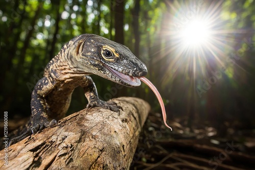 A clouded monitor lizard exploring a fallen tree trunk in the jungles of Borneo, its forked tongue flicking in curiosity photo