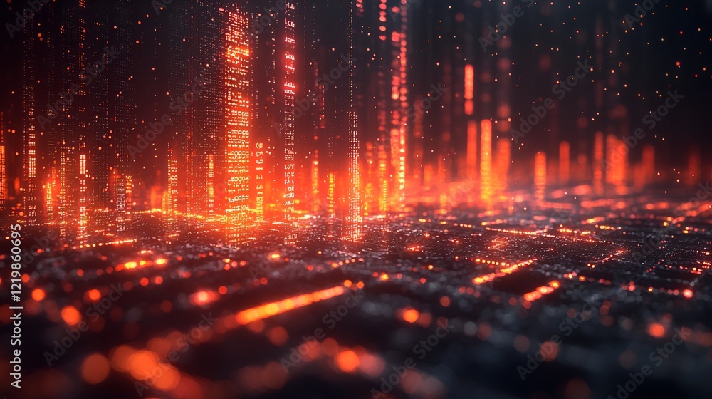 Futuristic city, glowing red, data streams, night, tech background