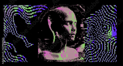 Distorted and disintegrated image of human face made of holographic colorful pixel particles. Retrofuturistic vector illustration for tech and programming themes.