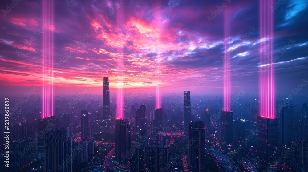 Fototapeta premium Pink light beams over cityscape at sunset.