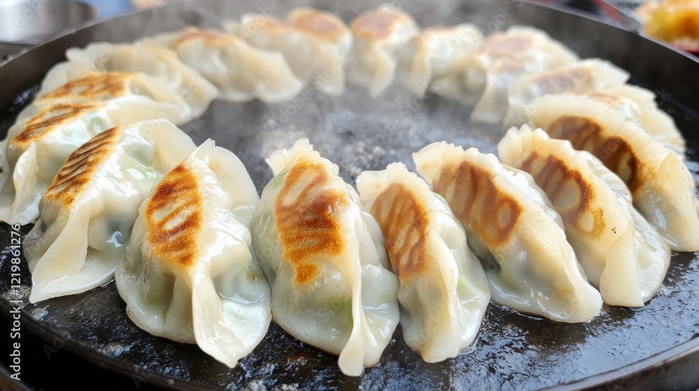 Vibrant Dumplings Frying in Busy Street Food Market Vibrant Dumplings Frying in Busy Street Food Market