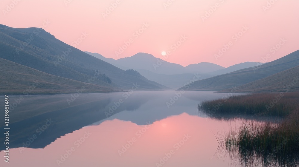 Fototapeta premium Pink sunset over lake with mountain reflections and morning fog.