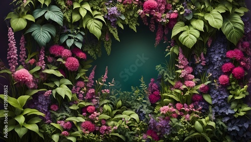 Lush, vibrant digital illustration of a floral arrangement featuring pink and purple flowers and lush green foliage, creating a frame around a dark teal background.