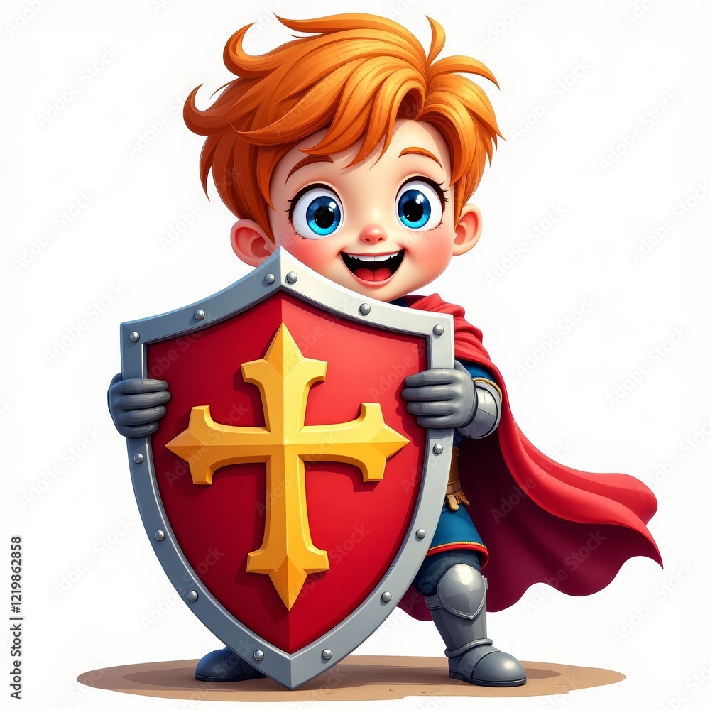 Cartoon child with red hair holding a red shield and wearing a cape