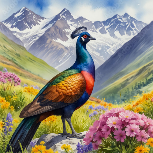 Valley of Flowers National Park, India with Himalayan Monals  A watercolor of a brilliantly colored Himalayan monal bird resting among the blooming wildflowers in the Valley of Flowers photo