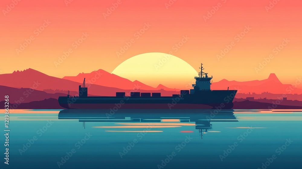 Obraz premium Container ship, Cargo ship flat design front view global shipping.