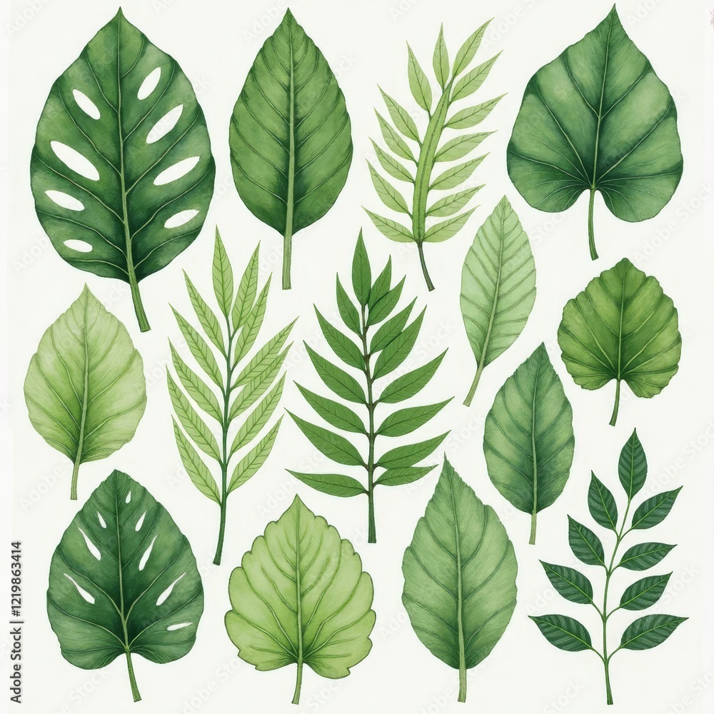 Fototapeta premium Fifteen varied green leaves on white background
