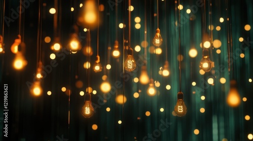 Glowing lightbulbs hanging against a dark teal background.