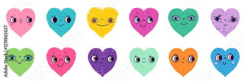 Colorful vector set with cute textured heart faces with eyes and mouths, funny characters