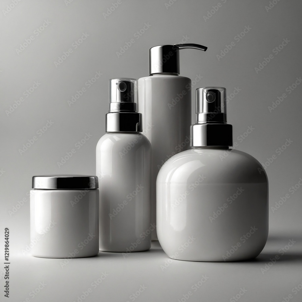 Cosmetic product mock-up set with pump bottle, cream jar, and spray bottle Cosmetic product mock-up set with pump bottle, cream jar, and spray bottle