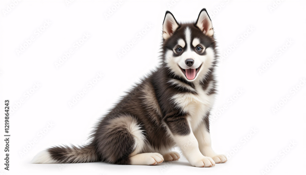 Obraz premium A highly detailed and realistic full-body image of a husky puppy sitting down with its fluffy fur, vibrant blue eyes, and expressive face, isolated, friendly, joyful, cute, detailed, lifelike, pet