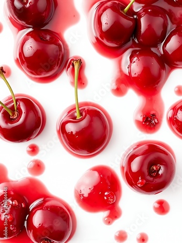 an image of a bunch of cherries are spilled on a white surface. photo